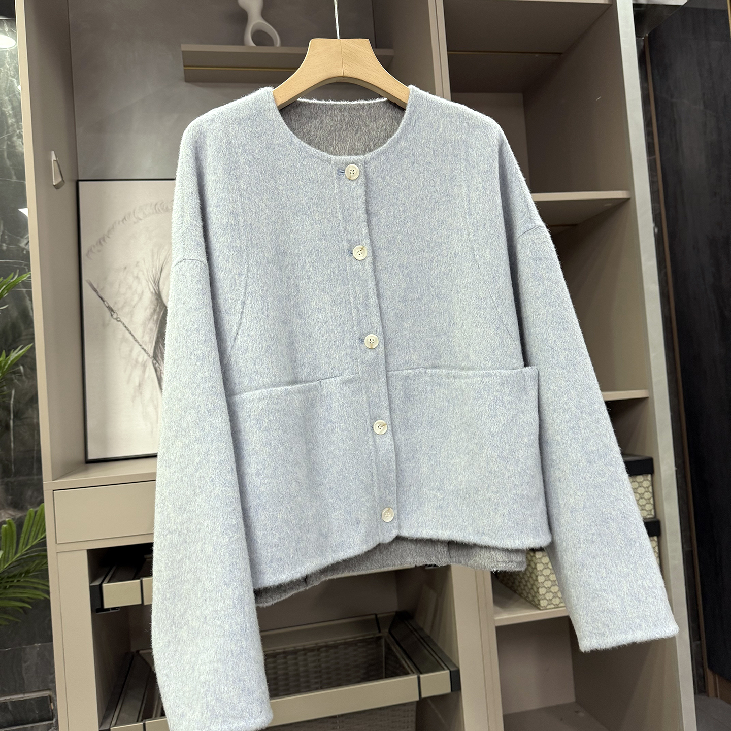 宽松真丝羊毛双面呢圆领短外套