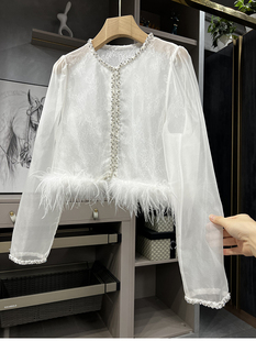 清仓不予退换！M@3真丝欧根纱拼羽毛钉珠蕾丝衬衫上衣女24169