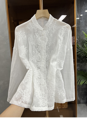口碑大厂~P簰中式~刺绣苎麻白衬衫黑裤可搭上衣女210710~JS