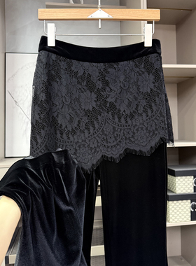 美出尖叫吧！修身丝绒屁帘蕾丝松紧腰休闲喇叭裤女    26907~ZY