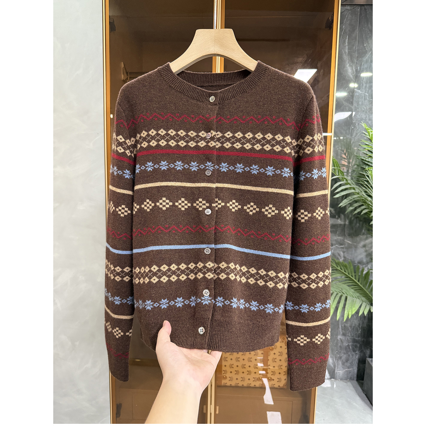 提花费尔岛羊绒羊毛圆领针织开衫