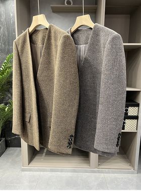 清仓不予退换#A~M@3！斜纹绵羊毛毛呢无领西装外套女S191004