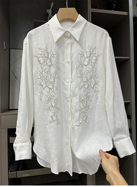 衣橱刚需！大厂品质货！透气亚麻刺绣钉珠衬衫上衣女  34201~ZY