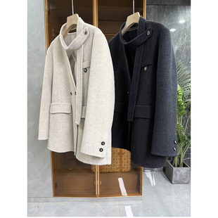 代厂柜款！绵羊毛双面呢飘带V领西装外套女    D26609~ME