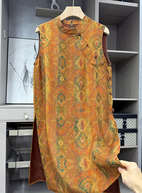 清仓不予退换！磅真丝提花无袖斜襟开衩连衣裙   86790~ZY