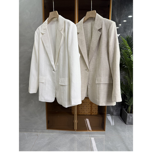 宽松明线天丝亚麻一粒扣西装外套