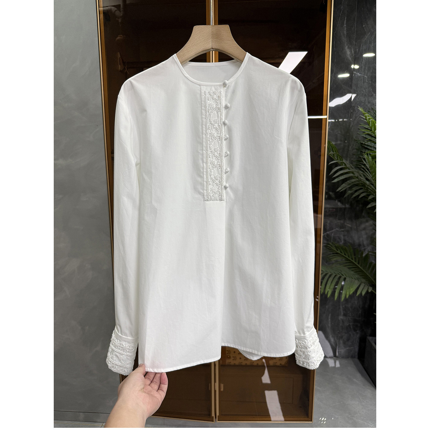 设计师款！宽松天丝棉钉珠半开襟圆领长袖衬衫上衣女  D88031~ME,女装/女士精品,衬衫,淘宝优惠券,粉丝福利购,淘宝优惠卷