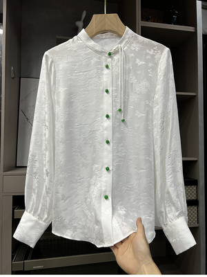 中式！真丝花罗提花衬衫上衣