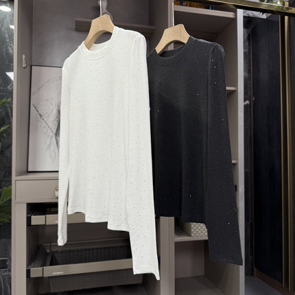 大N货！通勤显瘦！烫钻磨毛圆领长袖棉T恤女    H608~ZY