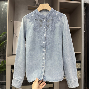 50212 P牌设计师款 上衣女 衬衫 蕾丝花边牛仔圆领长袖