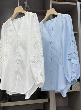 N货！镂空刺绣莱赛尔亚麻宽松V领八分袖衬衫上衣女  D25127~ZY