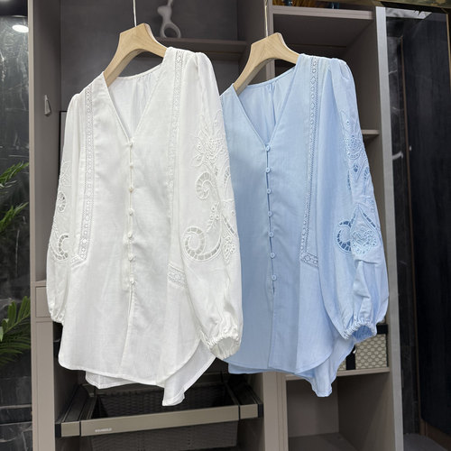 N货！刺绣亚麻宽松V领八分袖衬衫