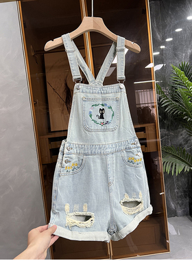 清仓不予退换！少的减龄单品！破洞牛仔背带短裤女5416776~JS