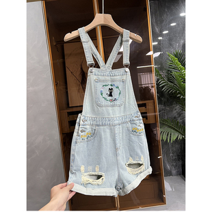 清仓不予退换!少的减龄单品!破洞牛仔背带短裤女5416776~JS