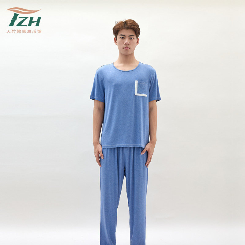 Tzh男士睡衣竹纤维蓝色短款短袖长裤家居服套装