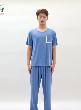 Tzh男士睡衣竹纤维蓝色短款短袖长裤家居服套装