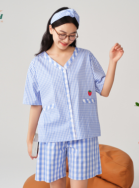 TZH天竹竹纤维惬意悠闲蓝色格仔家居服套装