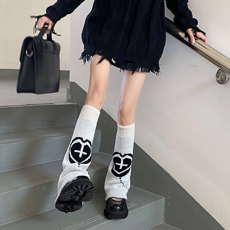 y2k两面反穿阔腿袜套女亚文化个性大爱心腿套jk辣妹堆堆喇叭小腿