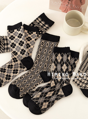 ins双针双路中筒袜纯棉堆堆袜女袜日系复古袜子女菱格黑色系韩版