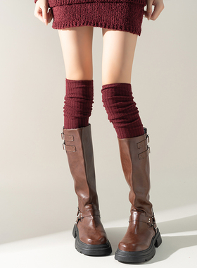 ins安哥拉红过膝袜日系纯色靴子高筒秋冬堆堆小腿袜子女长筒韩版