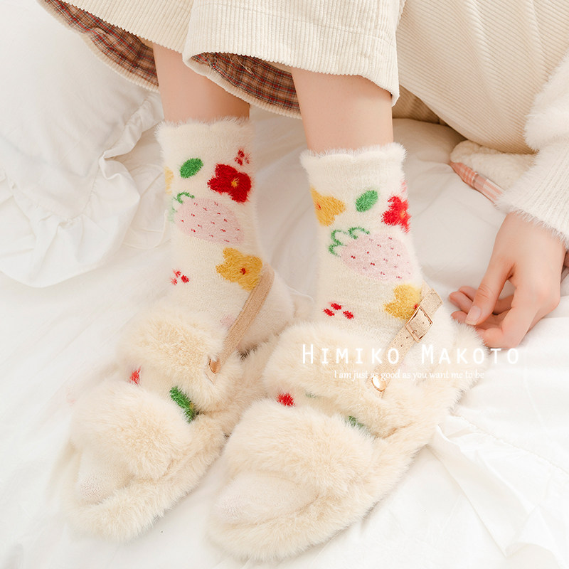 仿水貂绒袜子女加绒加厚韩版可爱草莓中筒秋冬居家保暖长筒月子袜,女士内衣/男士内衣/家居服,长筒袜,淘宝优惠券,粉丝福利购,淘宝优惠卷