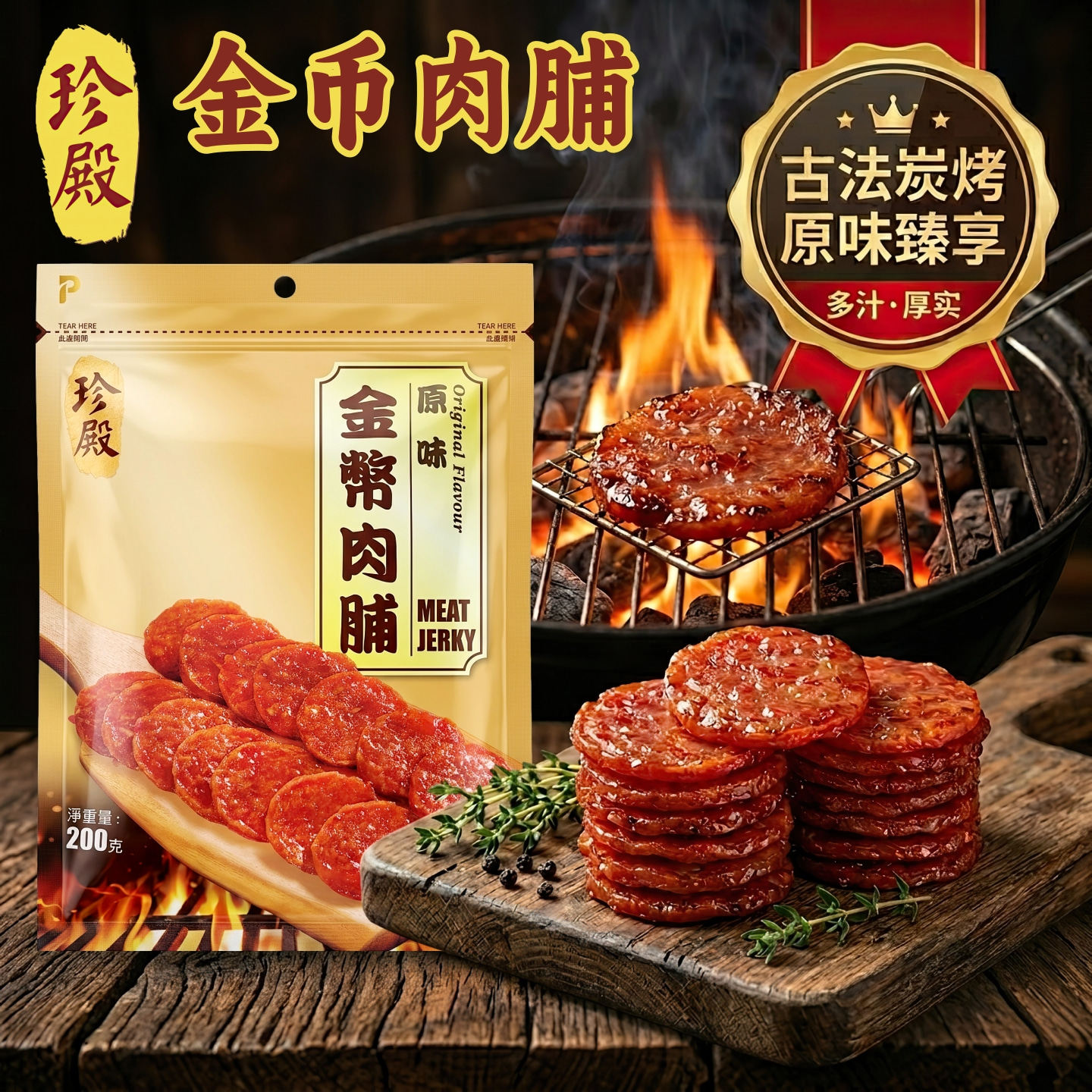香港优品360旗下珍殿牌金币肉脯200g 金币肉脯猪肉干 干健康零食