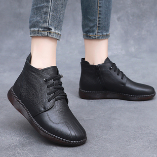 秋冬款牛筋底妈妈棉鞋真皮短靴舒适软底加绒中老年棉皮鞋防滑休闲