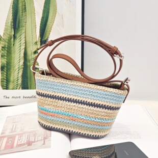 彩色草编小船包包女2026春夏新款 百搭单肩斜挎包 休闲饺子包时尚