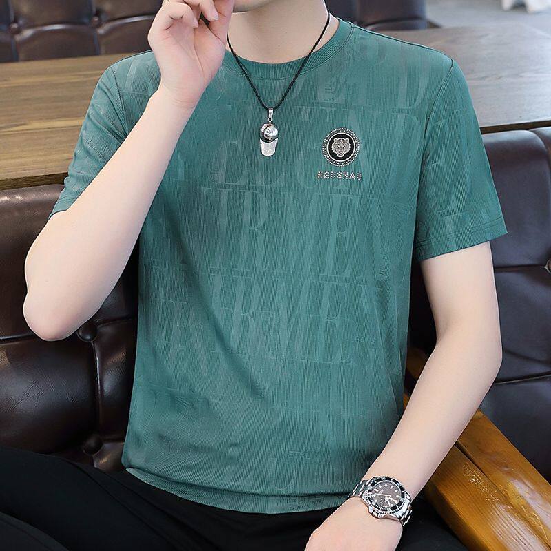 2026年夏季新款圆领冰丝短袖提花祥云龙型男士休闲速干半袖镂空潮