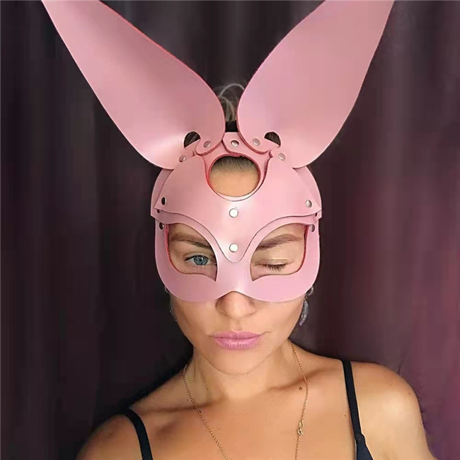 粉色白色大耳朵兔子面具cos皮质pv可爱兔演出装扮酒吧ds演出面罩
