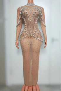 夜店酒吧gogo裸色性感长裙珍珠水钻网纱礼服主持人走秀开叉表演服