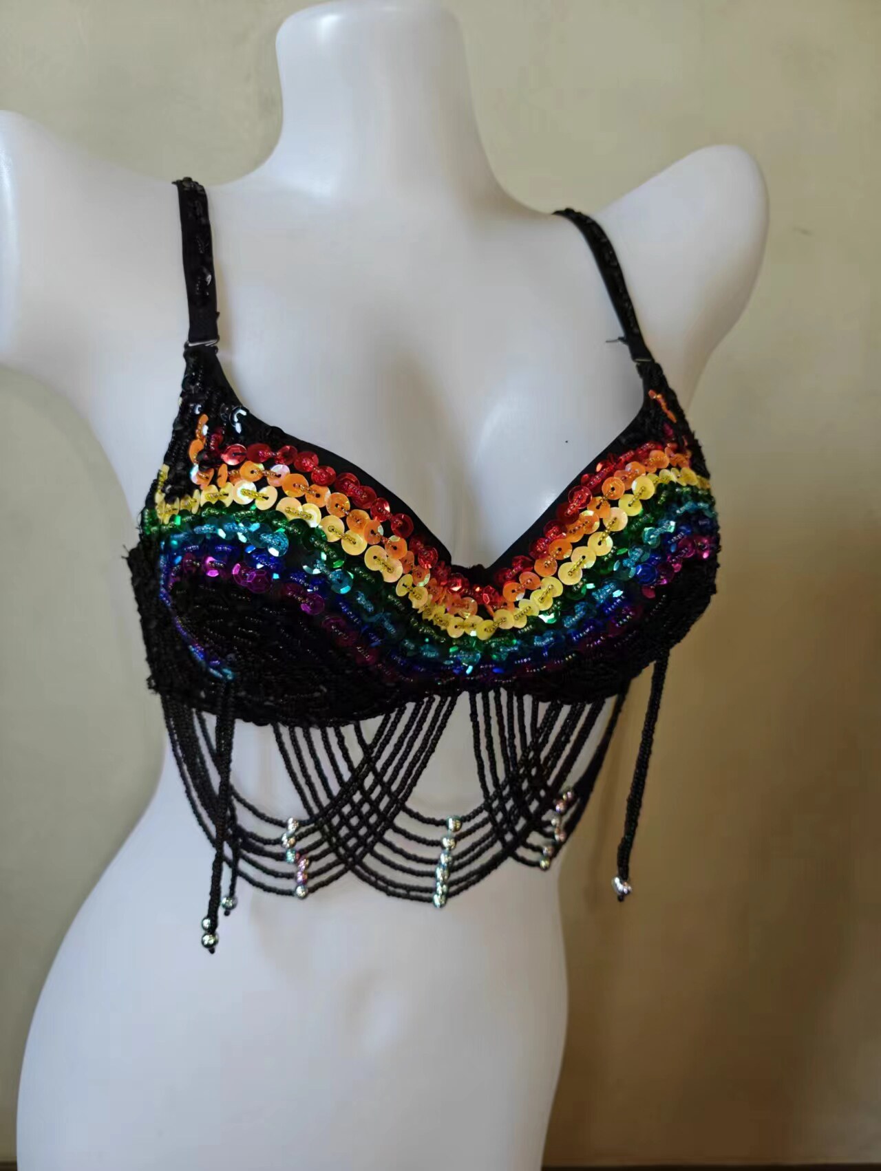 彩虹闪闪流苏珠子上衣炫彩亮片文胸性感拉丁舞演出服酒吧DS表演服