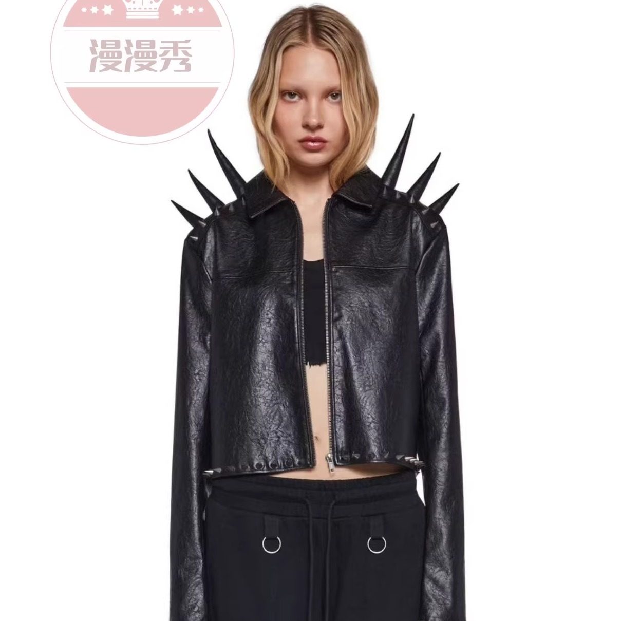 黑色个性机车欧美摇滚风长铆钉长钉子夸张朋克皮质上衣舞台服装
