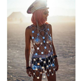 欧美夜店GOGO夸张渔网亚克力镜面亮片链条裙演出服