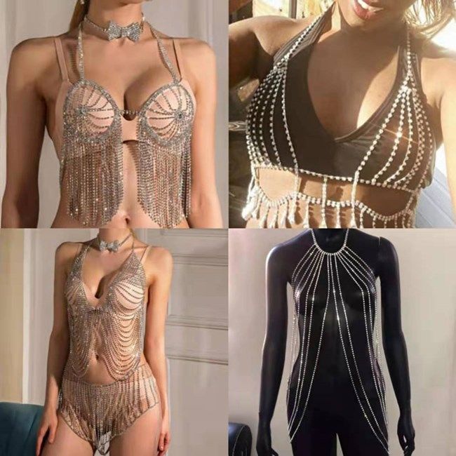 亮钻文胸链AB彩钻胸链酒吧演出身体链性感网钻上衣性感派对胸衣