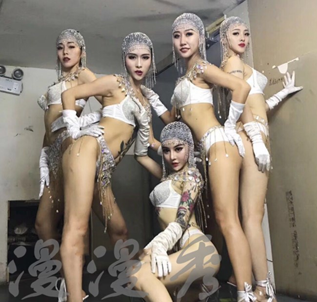 酒吧比基尼闪钻流苏套装性感派对DSDJ银色链条钻饰品GOGO演出服