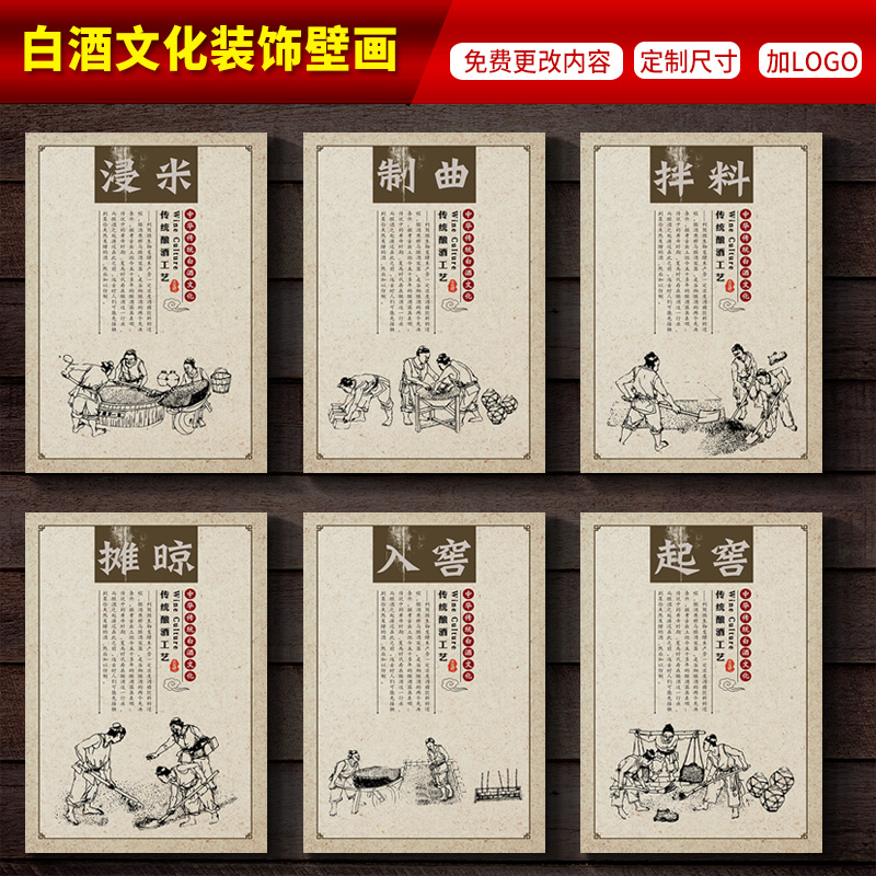 现代中式白酒文化创意挂画酒庄壁画工厂酿酒工序无框画饭店装饰画图片