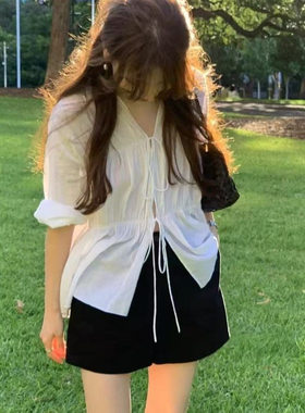 现货2025秋季新款韩国东大门OU*CE设计感休闲绑带v领长袖衬衫