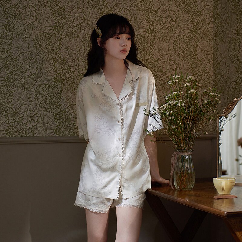 维多利亚睡衣女款夏季桑蚕丝短袖短裤夏天真丝中式国风印花家居服