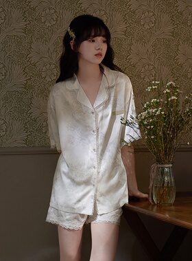 维多利亚睡衣女款夏季桑蚕丝短袖短裤夏天真丝中式国风印花家居服