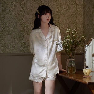 维多利亚睡衣女款夏季桑蚕丝短袖短裤夏天真丝中式国风印花家居服