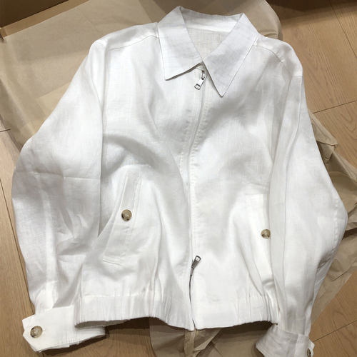 100亚麻翻领拉链老钱衬衫外套女