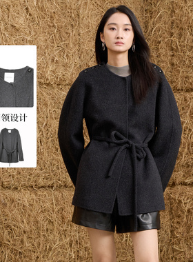 sweetbasil紫淑2025冬新品专柜款外套女短款圆领系带收腰毛呢大衣