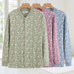 大码中老年妈妈纯棉老人开衫秋衣女对襟老太太全棉线衣开身棉毛衫