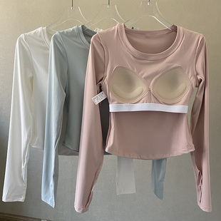 运动上衣修身 带胸垫晨跑 显瘦固定杯瑜伽服跑步一体健身服速干长袖