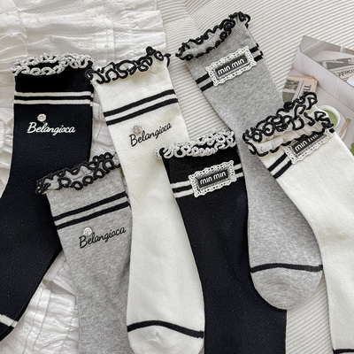 蕾丝标袜子女夏季超薄纯棉中筒袜韩国in潮字母烫印烫钻木耳边长筒