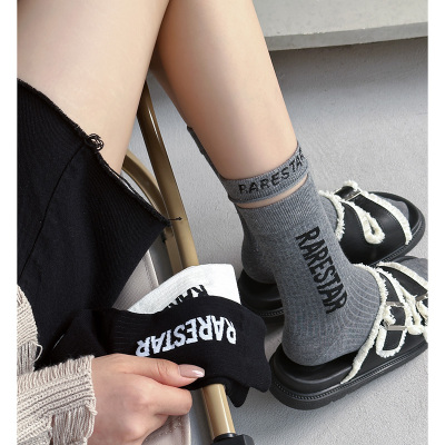 个性字母罗口拼接饰品袜子女春夏纯棉中筒袜韩国ins潮运动瑜伽袜