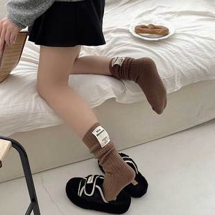 韩国后跟布标袜子女冬季纯色加厚中筒袜个性ins潮保暖加绒长筒袜