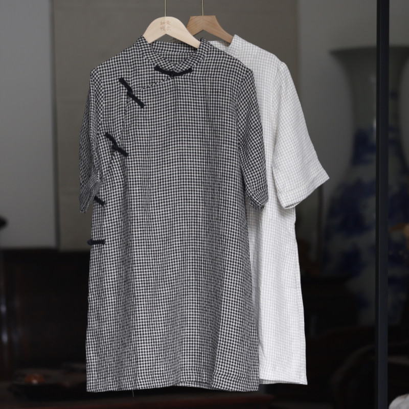 如素慢衣复古文艺格子盘扣立领斜襟中长款中式服装上衣36427