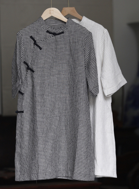 如素慢衣复古文艺格子盘扣立领斜襟中长款中式服装上衣36427